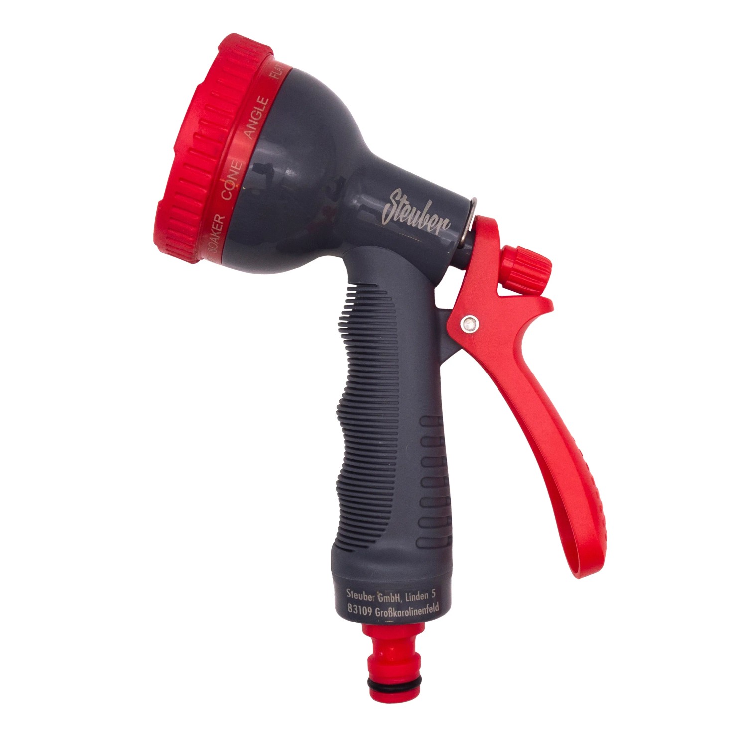 Grau-rote Gartenschlauch-Brause mit 8 Funktionen und rotem Anschlussstück.