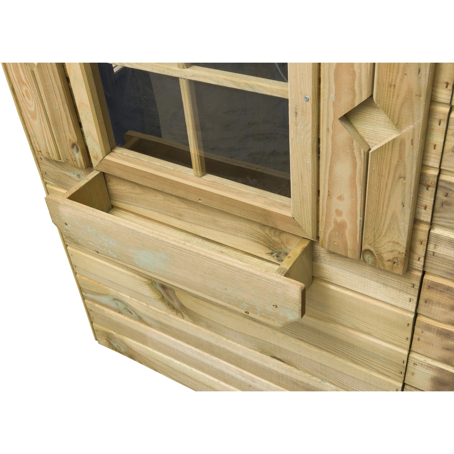 Detailansicht: Fenster mit Blumenkasten am SwingKing Spielhaus Milan aus Holz.