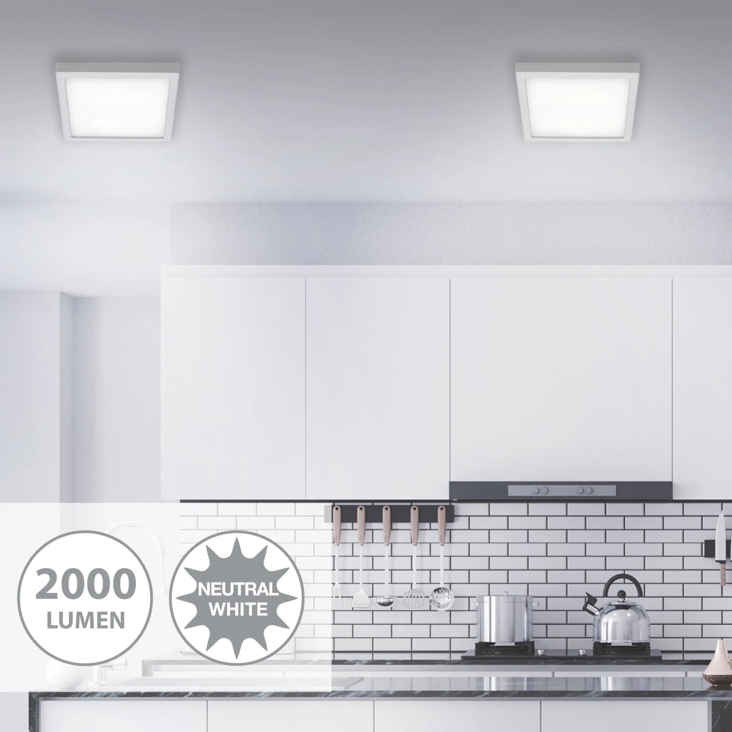 Briloner LED Deckenleuchte, Chrom matt, 30x30cm, neutralweißes Licht in moderner Küche.