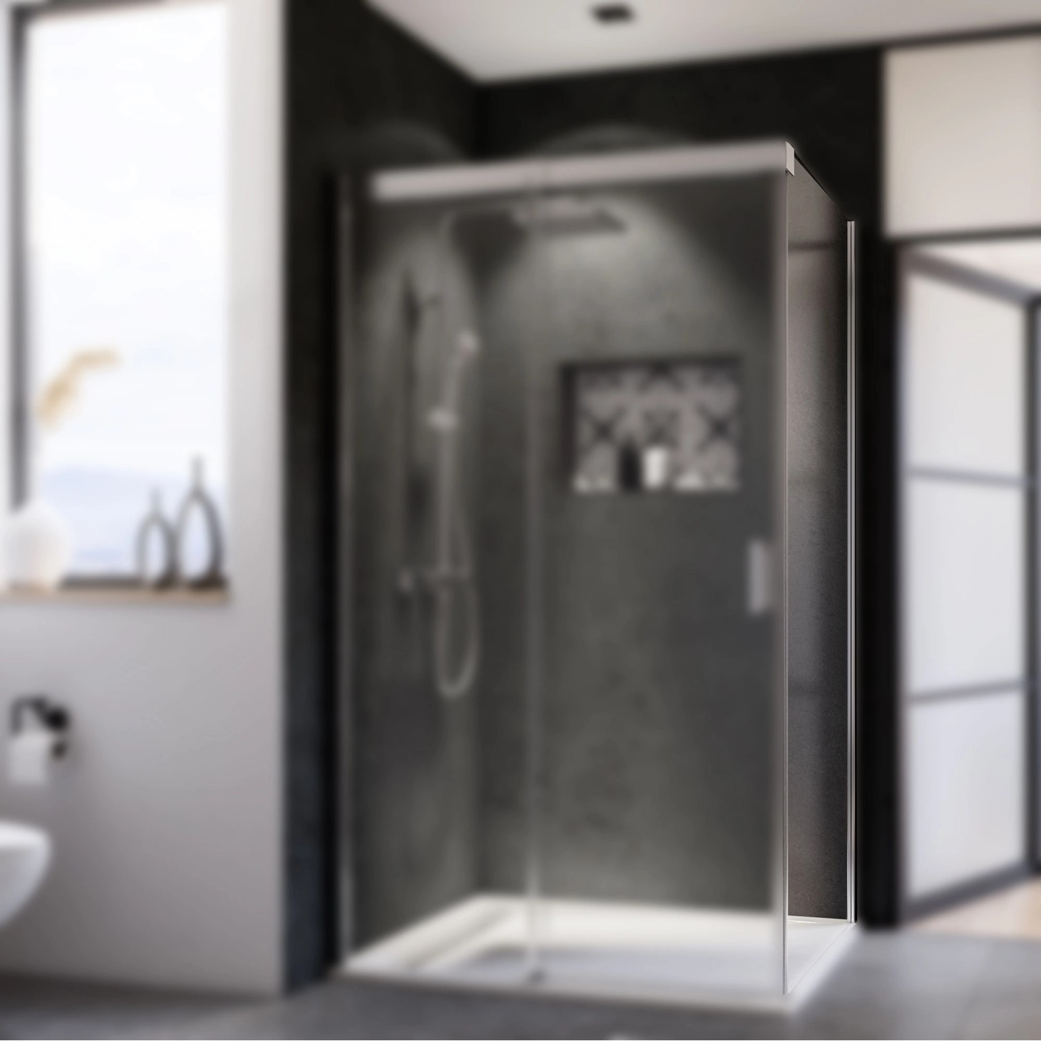 Breuer Panorama Seitenwand für Schiebetür, Chrom/Klarglas, 90 cm, in moderner Badezimmerumgebung.