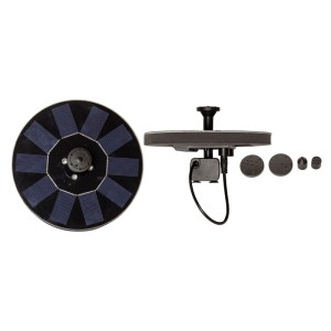 Schwarze LED-Solar-Wasserfontäne mit rundem Solarpanel, Pumpe und verschiedenen Düsenaufsätzen für Garten & Teich.