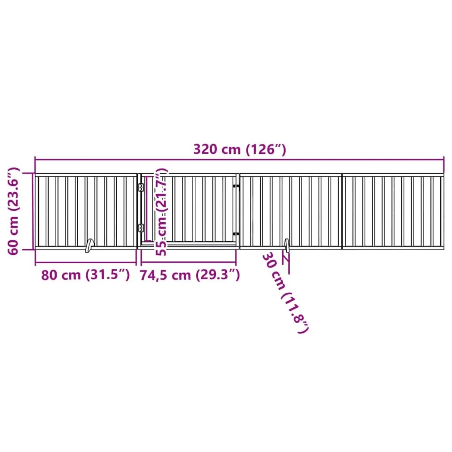 Technisches Diagramm des weißen, faltbaren vidaXL Hundetors aus Pappelholz mit Tür und Maßen.