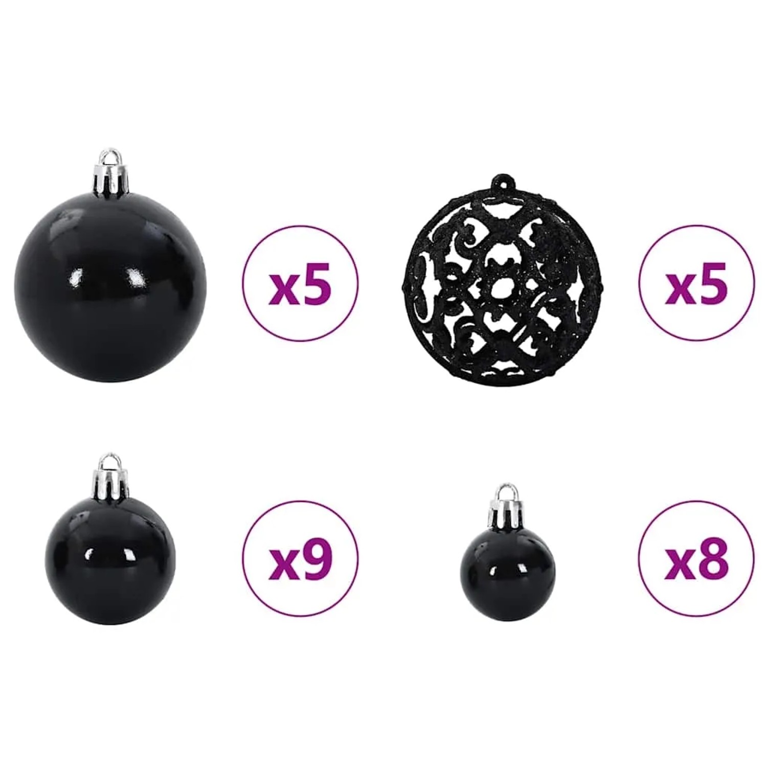 Schwarze Christbaumkugeln, Set mit glänzenden und filigranen Kugeln für den Weihnachtsbaum.