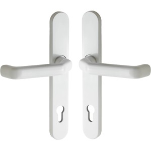 Weiße Splendoor Haustürdrückergarnitur mit Langschild für Profilzylinder (PZ 92 mm).