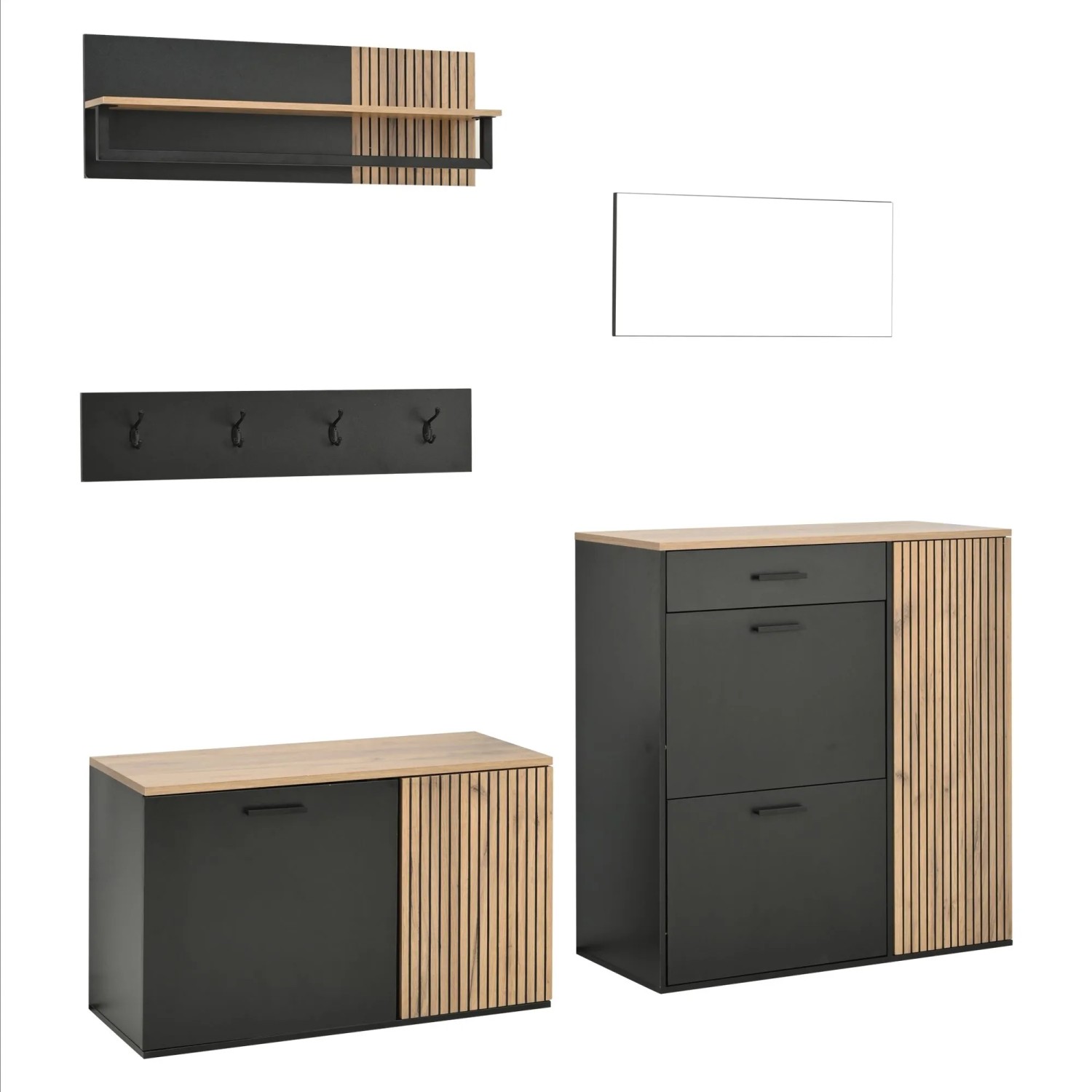 ModernLuxe Garderobe mit Spiegel 2 Schuhschränken 4 Haken Ablage Spanplatte Natur