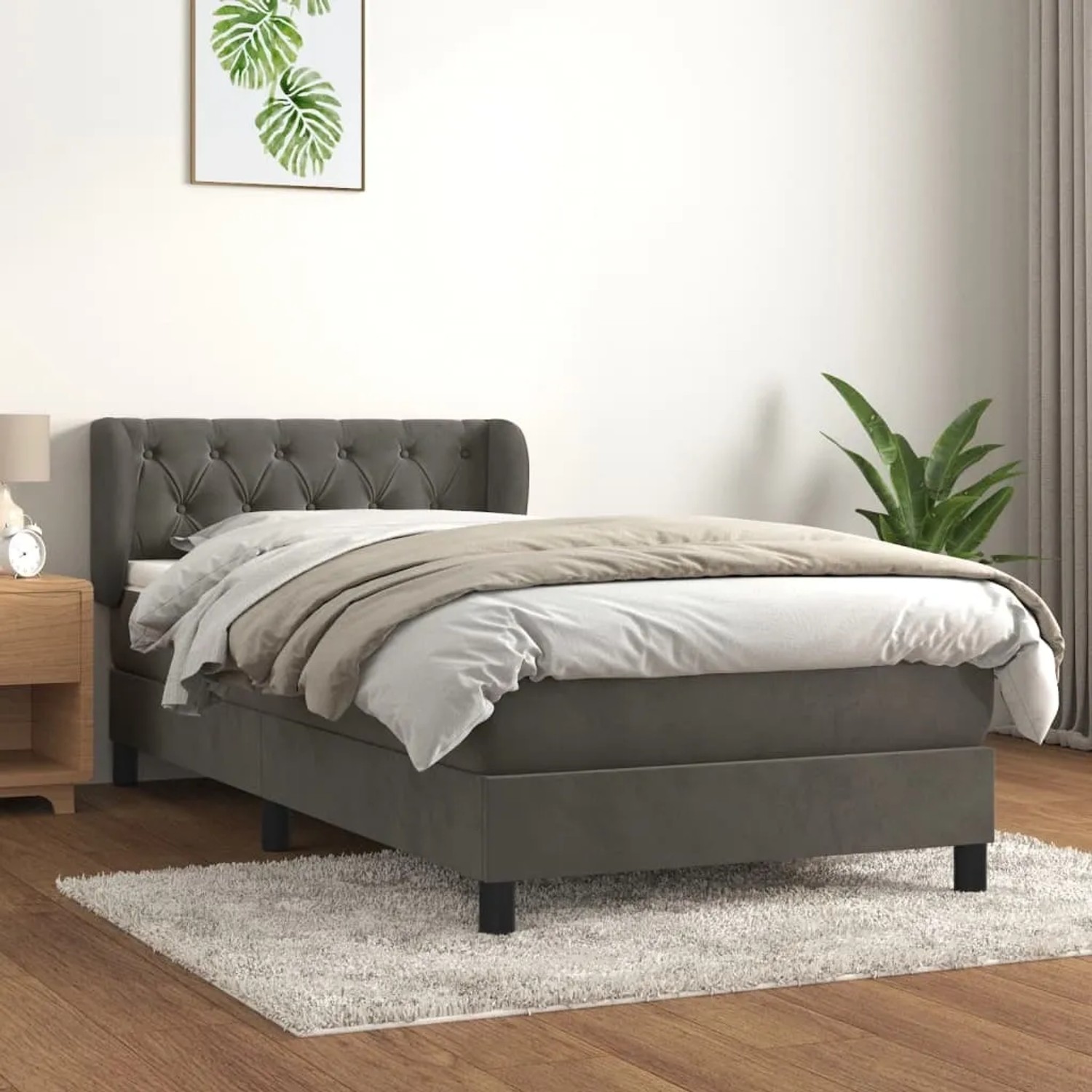 Dunkelgraues Boxspringbett (80x200 cm) mit Matratze und Samtbezug. Elegantes Design für Schlafzimmer.