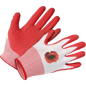 LUX Gartenhandschuhe Gr. 8, rot mit Latex-Beschichtung und Mohnblumen-Druck.