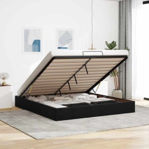 Schwarzes Ottoman-Bett (200x200 cm) mit Stauraum unter Lattenrost. Bett ohne Matratze.