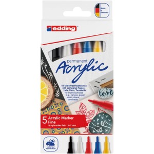edding Acrylmarker 5300, 5er-Set mit Acrylfarben in schwarz, rot, blau, gelb und weiß.