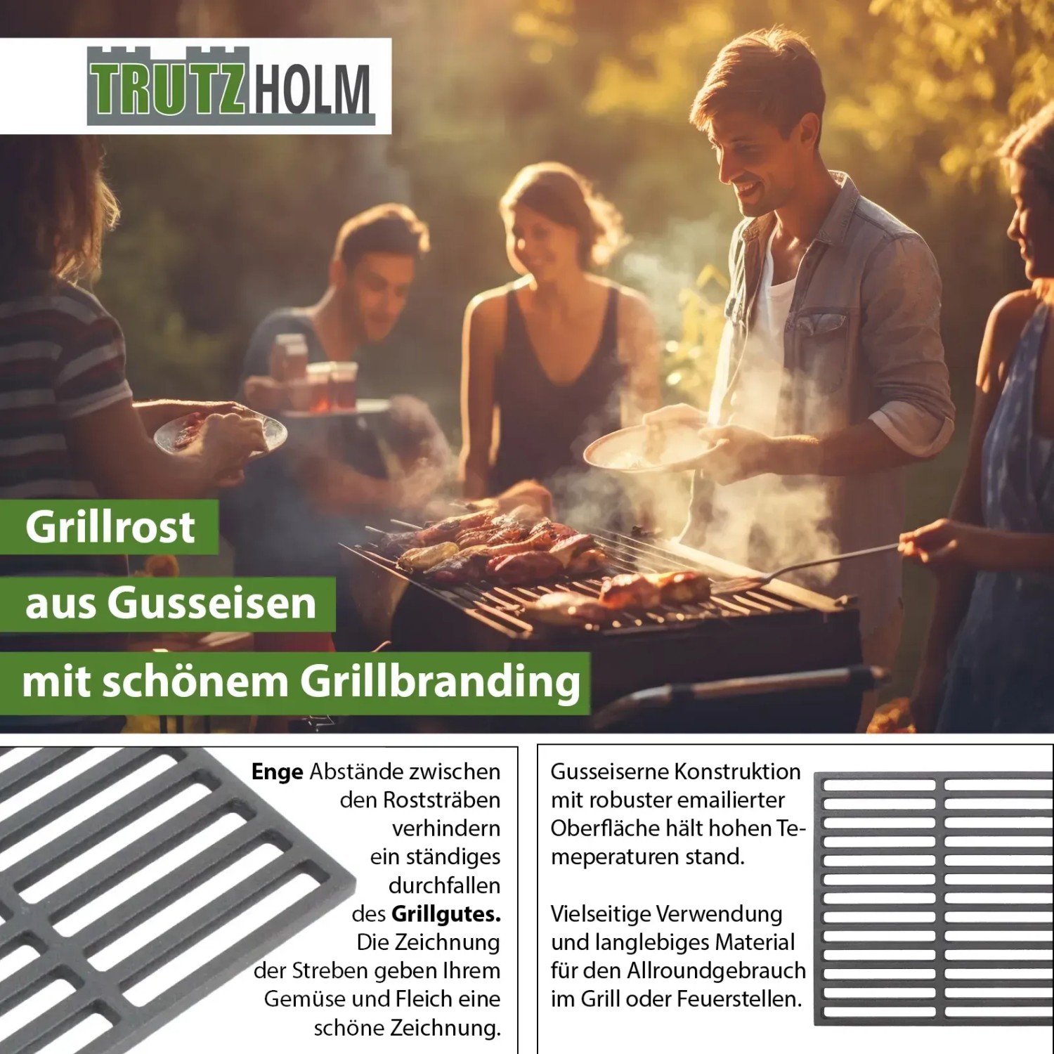 Rechteckiger, emaillierter TRUTZHOLM Grillrost aus Gusseisen (45x30 cm) beim Grillen.