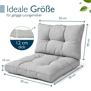 Hellgraues Beautissu Lounge Kissen Set XLuna für Gartenmöbel. Sitzkissen 50x50x10cm, Rückenkissen 50x40x12cm.