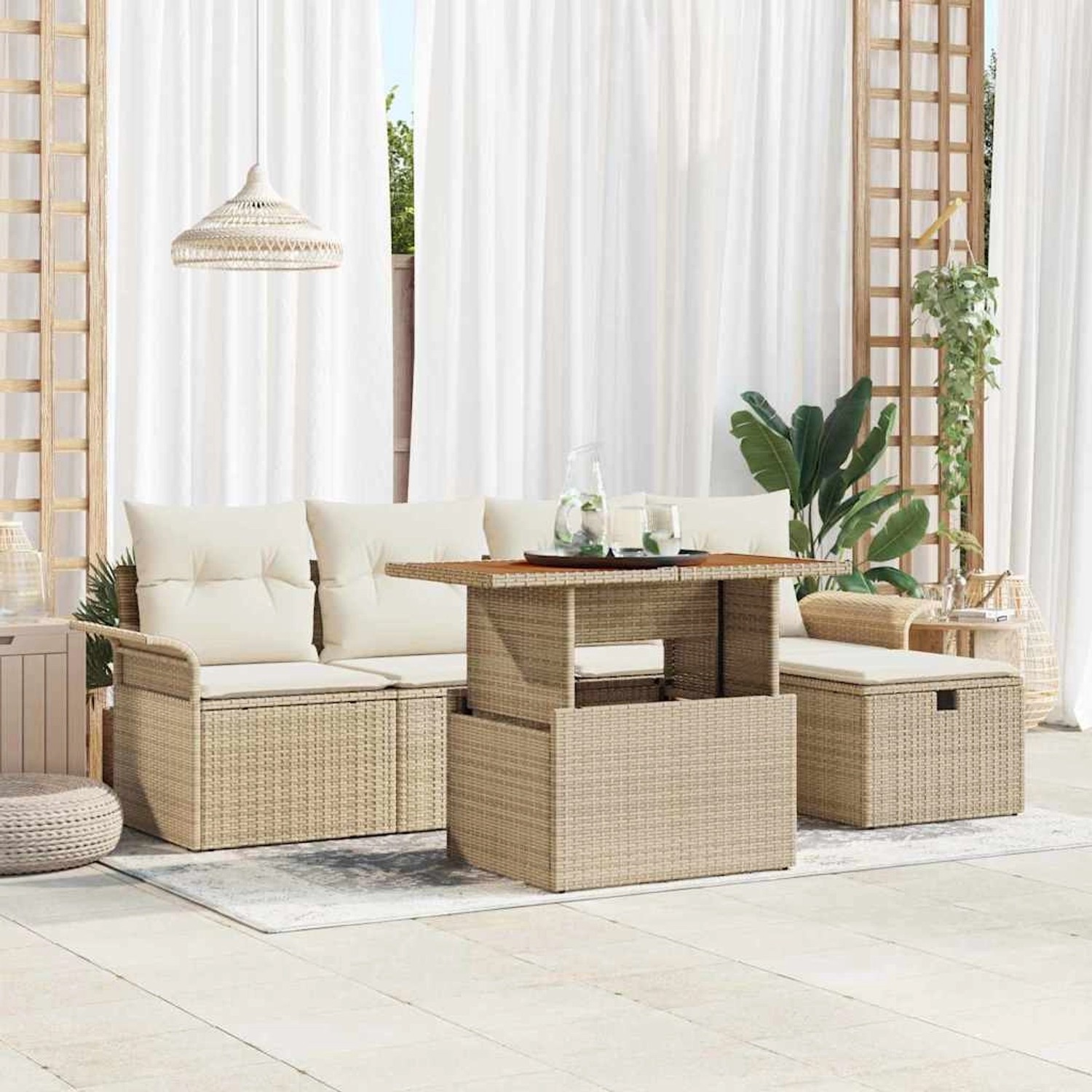 Beiges 6-tlg. vidaXL Garten-Sofa-Set aus Poly Rattan mit höhenverstellbarem Tisch.