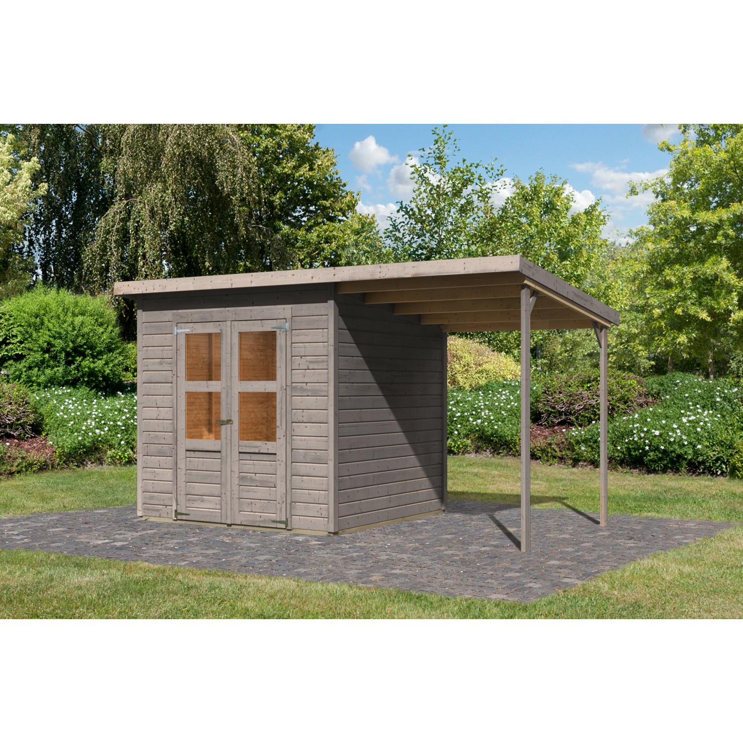 Karibu Gartenhaus Vellinge 4 m. Anbaudach Vorvergraut 219 x 208 x 210 cm günstig online kaufen