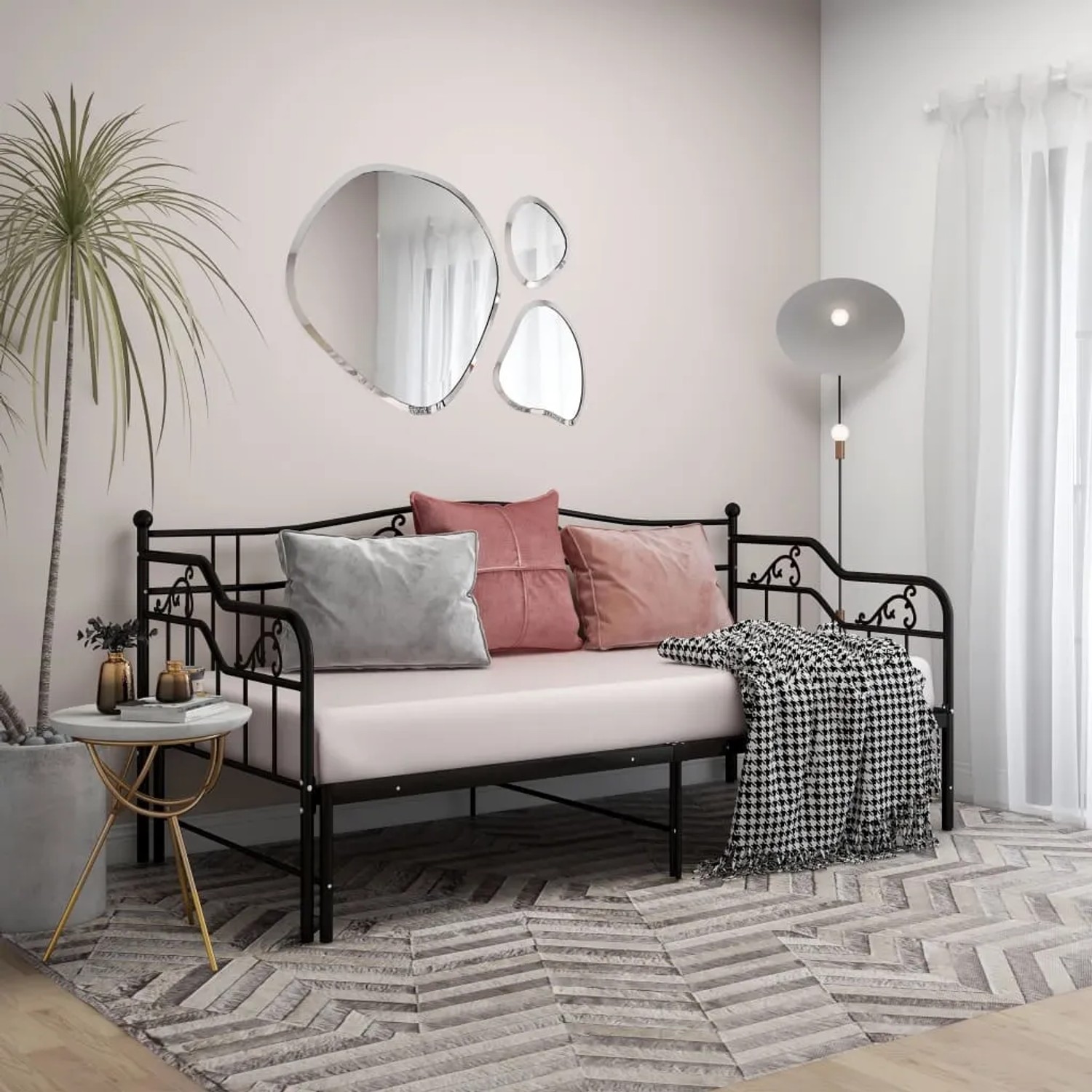 Schwarzes vidaXL Ausziehsofa Bettgestell aus Metall, 90x200 cm, mit Kissen und Decke.