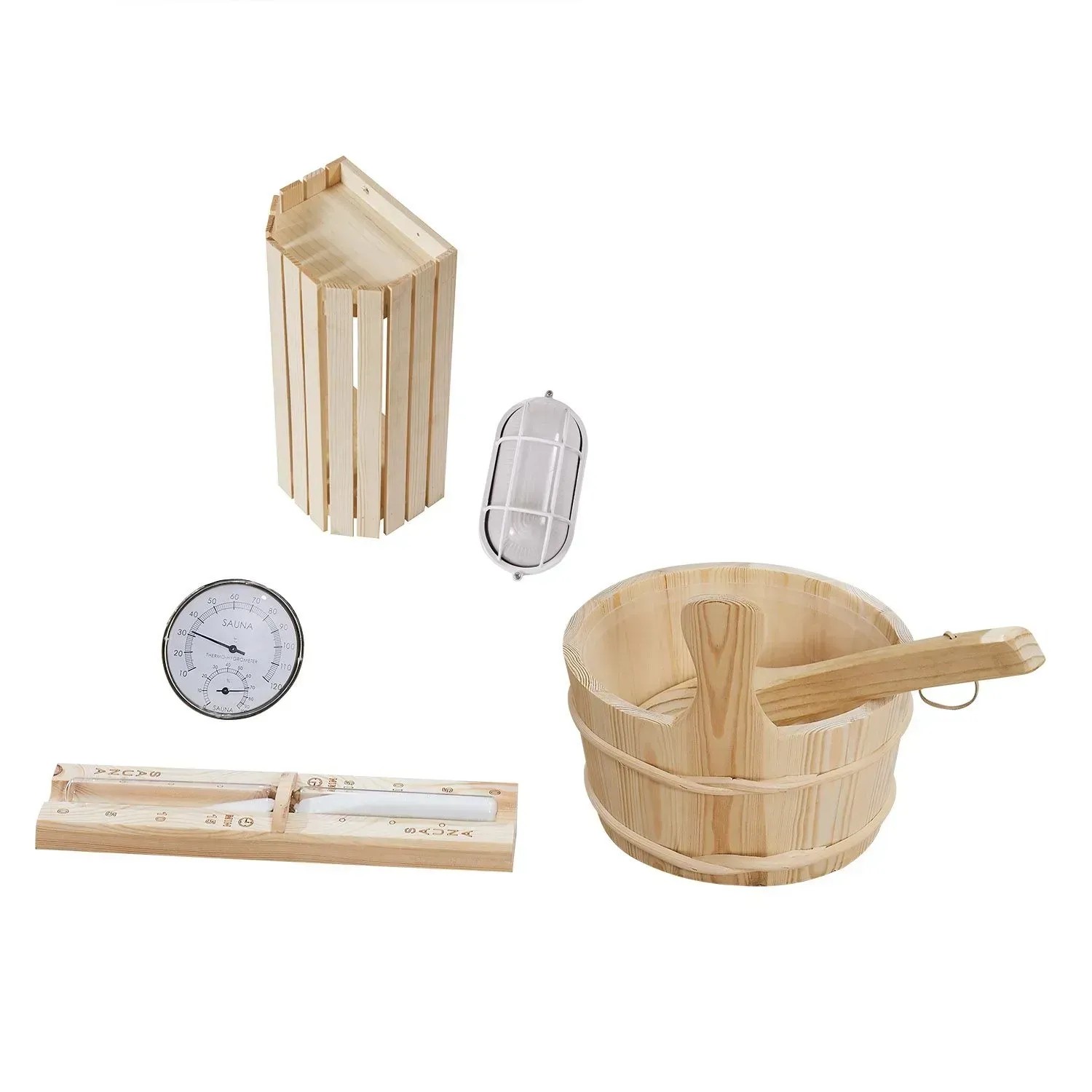 Zubehör-Set für Artsauna Cube Fasssauna Nolvik M: Eimer, Kelle, Thermometer, Sanduhr, Lampe, Aufgusskübel.
