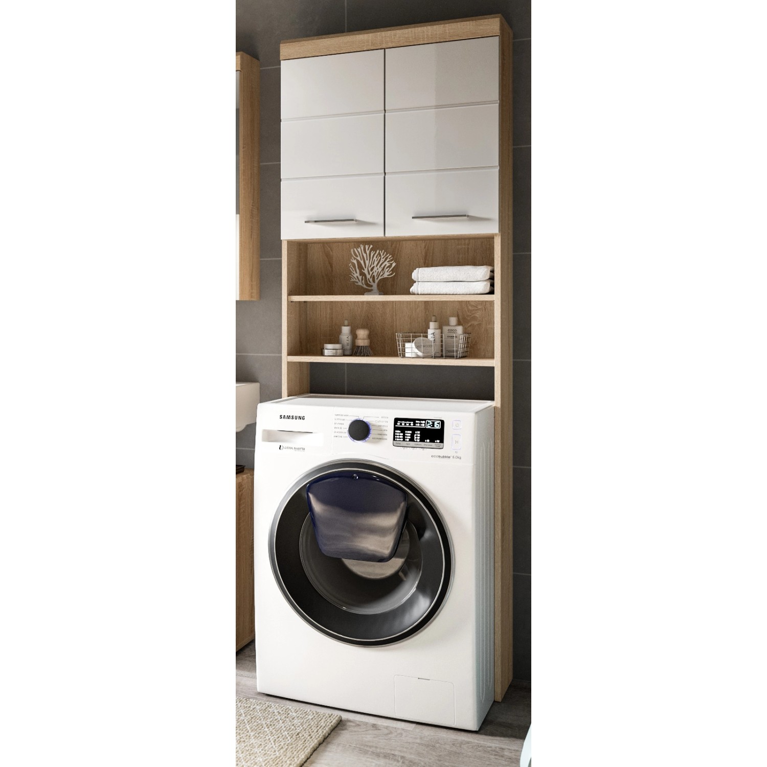 Inn.Furn Waschmaschinenschrank in Weiß Hochglanz und Eiche 63 x 191 cm Mambo