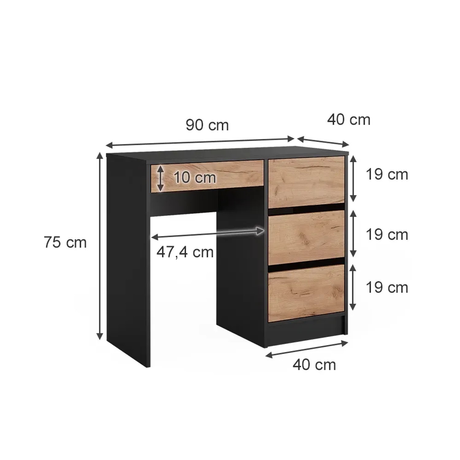 Vicco Schminktisch Sherry, Anthrazit/Eiche, 90cm breit, mit Maßangaben.
