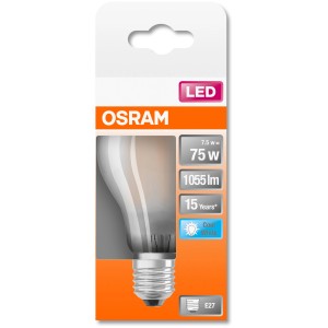 Osram E27 LED-Lampe in Glühlampenform, 7,5W, neutralweiß, im Karton.