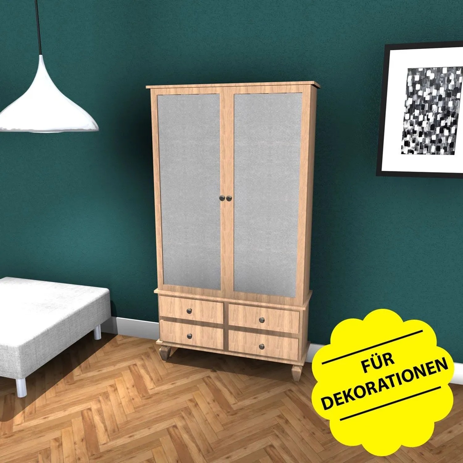 Brauner Holzschrank mit mattierten Glastüren und vier Schubladen, zeigt den Effekt der selbstklebenden Frost-Sichtschutzfolie.