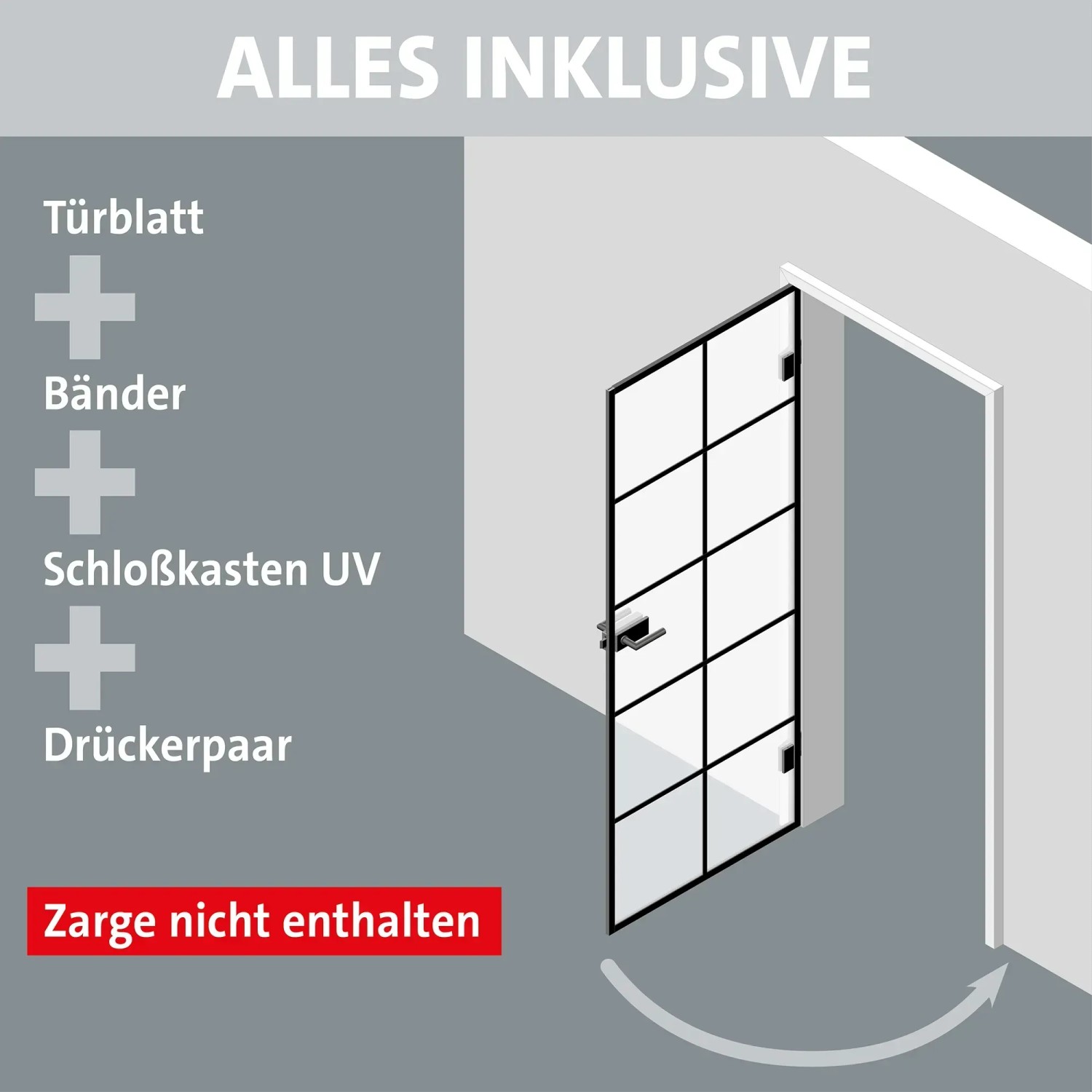 Skyscope Drehtür-Set Slimwork Typ 8, Klarglas mit schwarzem Rahmen und Beschlägen.