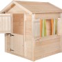 Weka Kinderspielhaus Tabaluga Drachenhöhle aus naturbelassenem Holz mit Fensterläden und Tür.