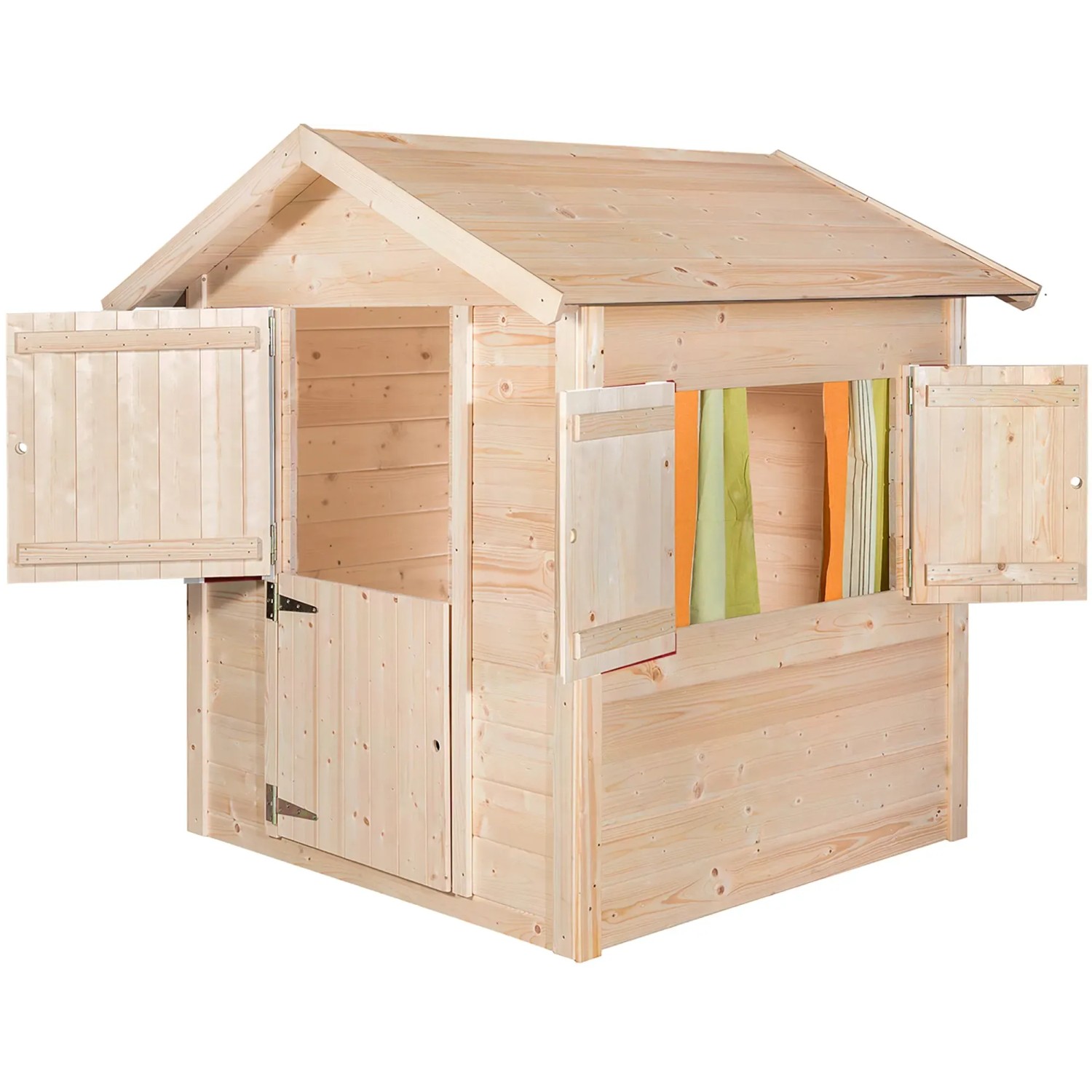 Weka Kinderspielhaus Tabaluga Drachenhöhle aus naturbelassenem Holz mit Fensterläden und Tür.