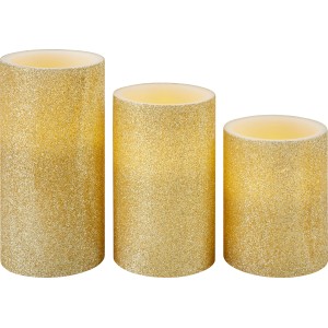 Goldfarbene LED-Kerzen im 3er-Set für stimmungsvolle Weihnachtsdeko im Innenbereich.