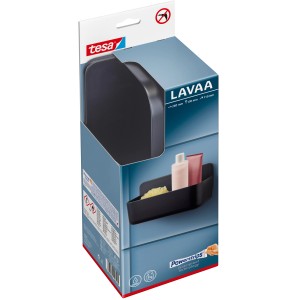 Verpackung des schwarzen Tesa Lavaa Duschkorbs Medium mit Powerstrips Waterproof Technologie.