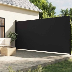 Schwarze vidaXL Seitenmarkise (220x300 cm) auf einer Terrasse. Ideal als Wind- und Sichtschutz.