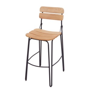 Industrial Barhocker aus naturbraunem Kiefernholz, schwarzes Stahlgestell, 72cm Sitzhöhe, Rückenlehne, Fußablage.