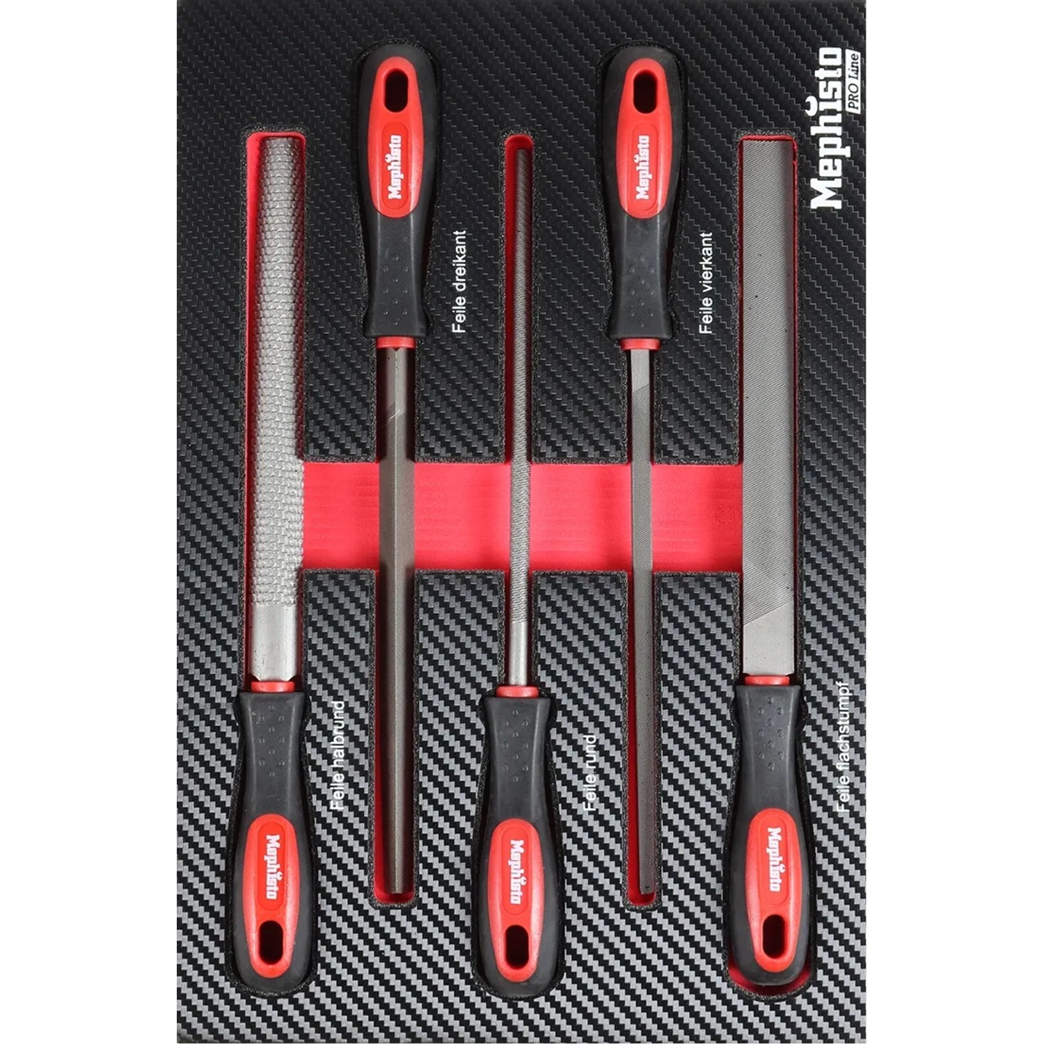 Mephisto Pro-Line Feilen-Set: 5 Werkstattfeilen (flach, rund, dreikant, vierkant, halbrund) im Werkzeugwagen-Einsatz.