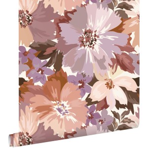 ESTAhome Tapete Blumen Aubergineviolett und Terrakotta 50 x 900 cm