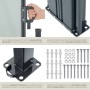 Graue Tectake Doppel-Seitenmarkise: Ergonomischer Griff, robustes Gehäuse, Pfostenbefestigung und Montagematerial.
