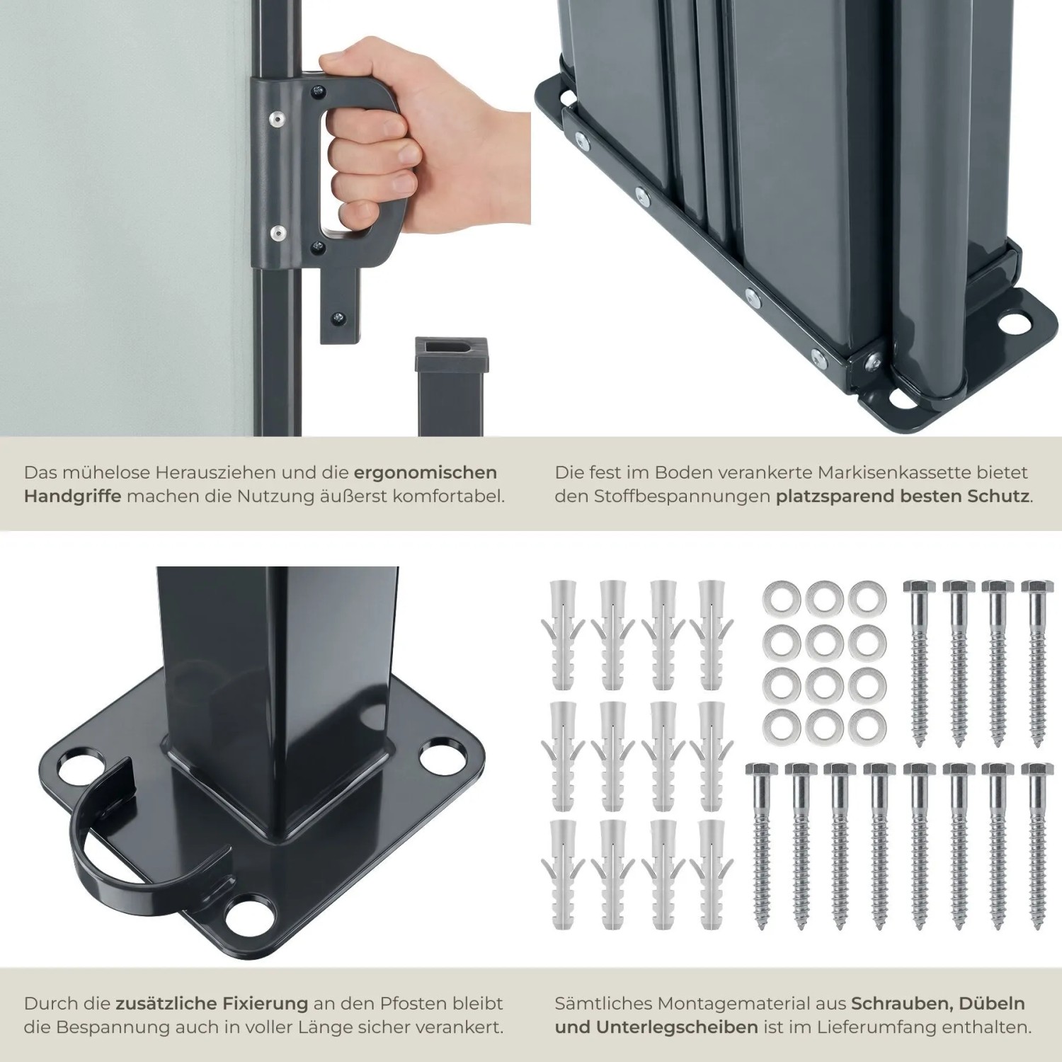 Graue Tectake Doppel-Seitenmarkise: Ergonomischer Griff, robustes Gehäuse, Pfostenbefestigung und Montagematerial.