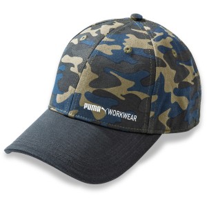 Puma Workwear Cap Champ Multicolor mit Camouflage-Muster und grauem Schirm.