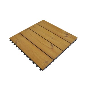 Onek Klickfliese Thermowood Smartdeck 60x60 cm, naturfarbenes Kiefernholz auf dunklem Klicksystem-Unterbau.