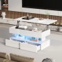 Merax Couchtisch Höhenverstellbar mit LED 2 Schubladen Stauraum Hochglanz Weiß_4