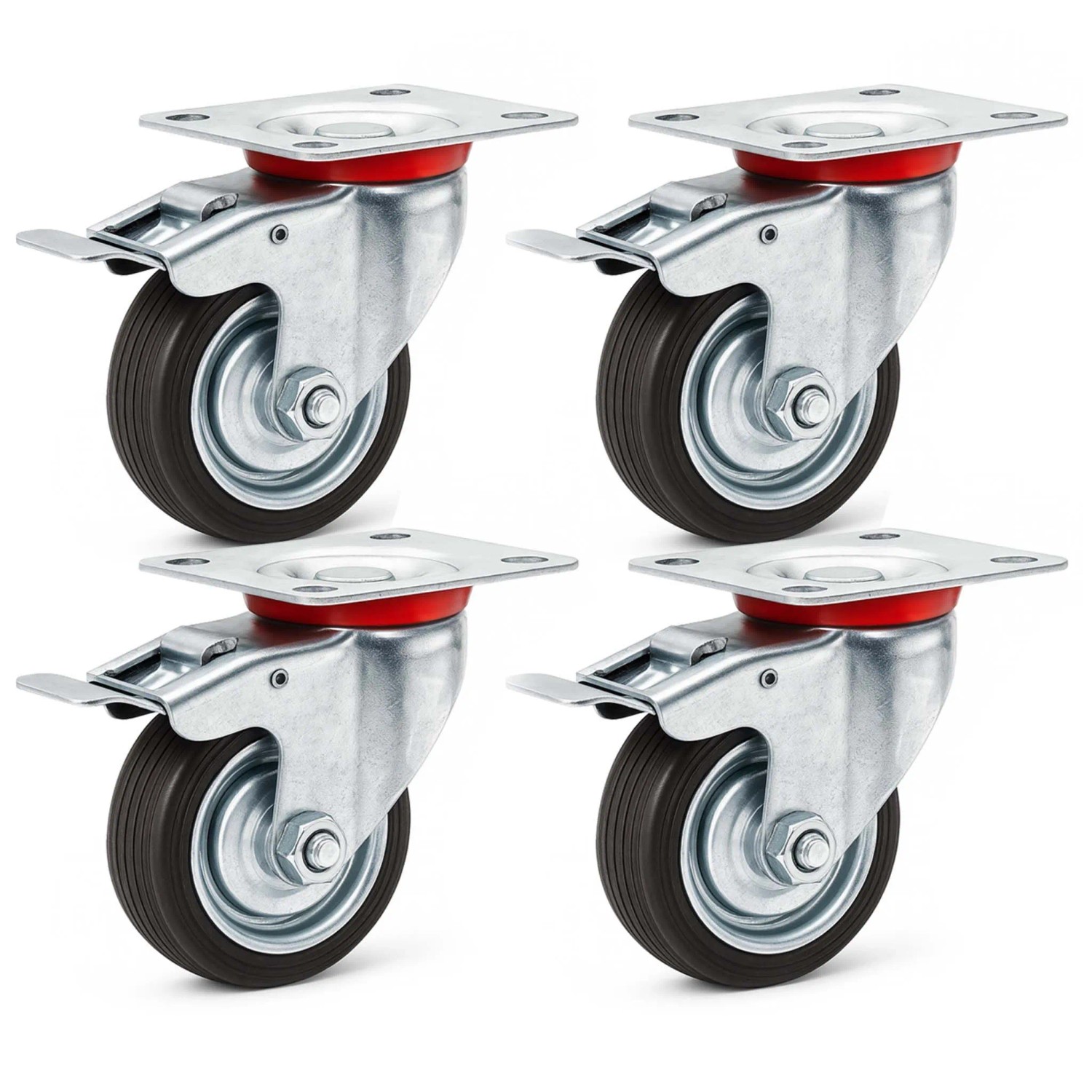 Wiltec Doppelstopp-Lenkrolle Set 4x Vollgummirad 75mm 50kg Transportrollen