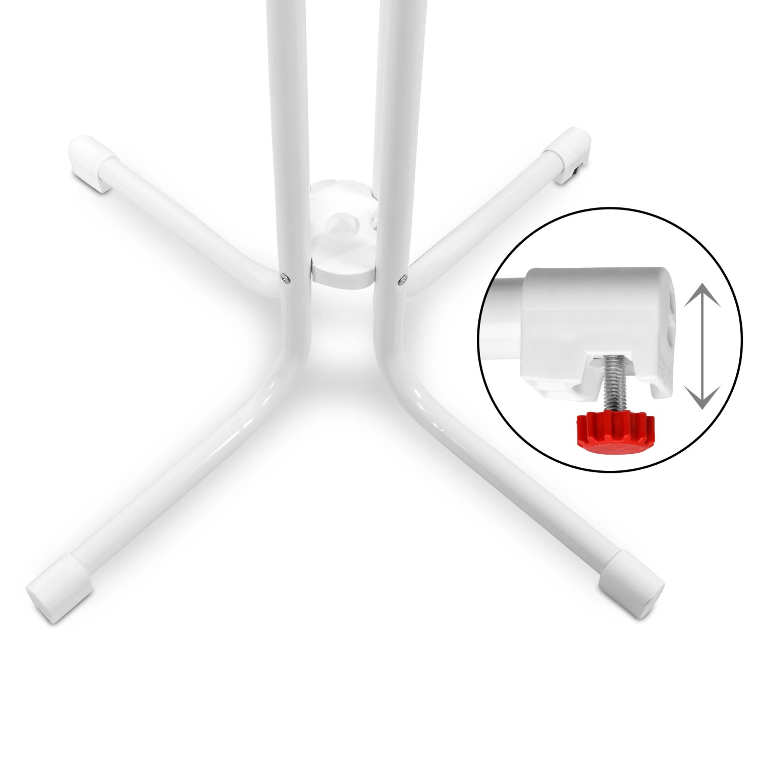 Detailaufnahme des weißen Beautissu Sylt Stehtisch-Fußes mit Höhenverstellung.