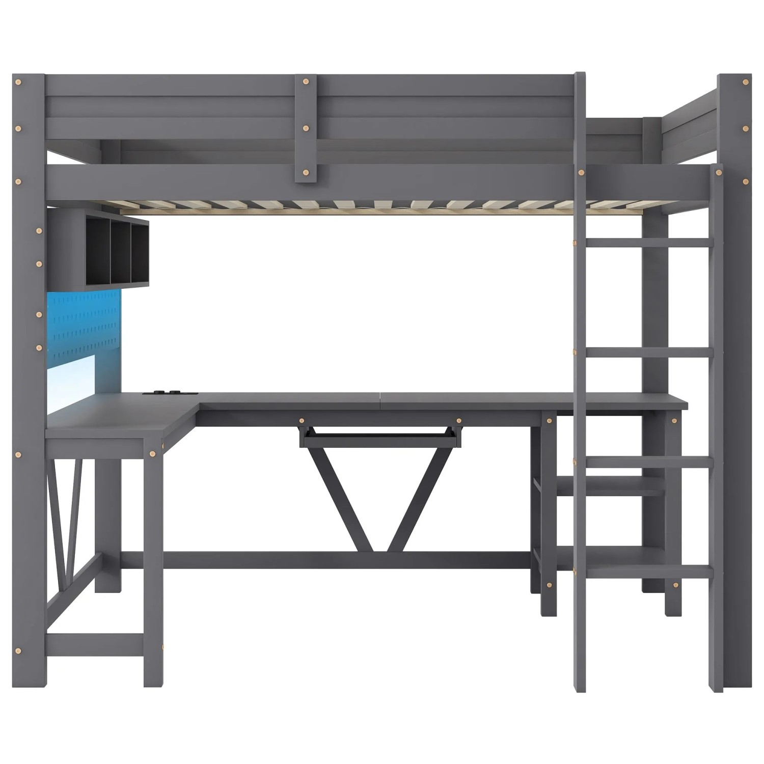 Merax Gaming Holz Hochbett 90x200 cm Mit Schreibtisch Ablagefächern LED Ladestation Grau