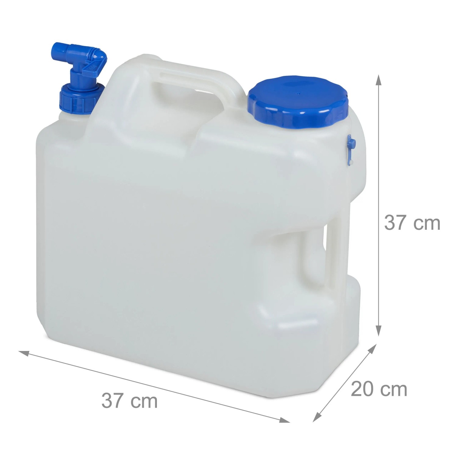 Weißer Relaxdays 18 L Wasserkanister aus HDPE mit blauem Hahn, Schraubdeckel und Tragegriff für Camping.
