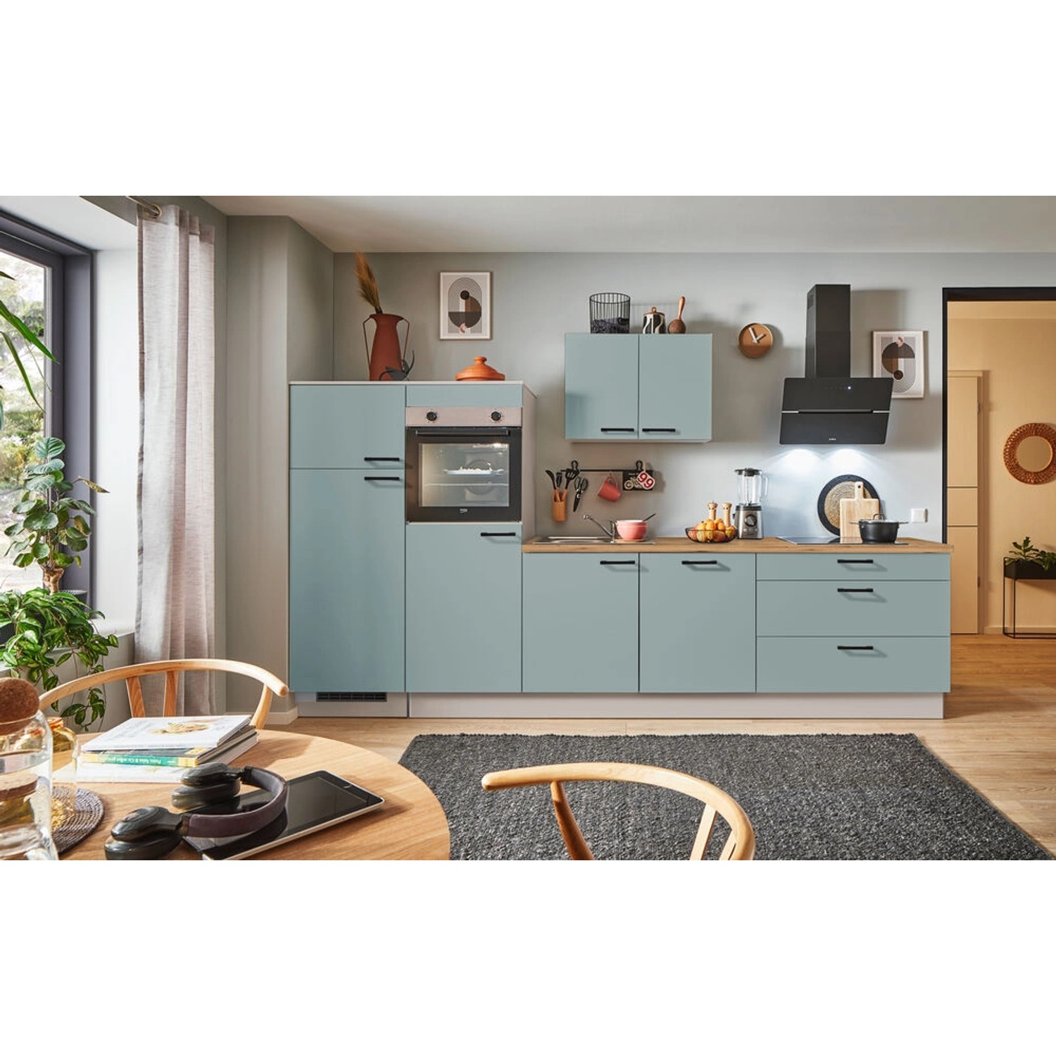 pino Küchenzeile 310 cm Fjordgrün Anschlag,inks 2 Geräteschränke günstig online kaufen