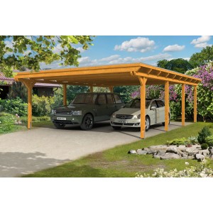 Heller Doppelcarport aus Leimholz Eiche mit zwei parkenden Autos unter dem Carport.