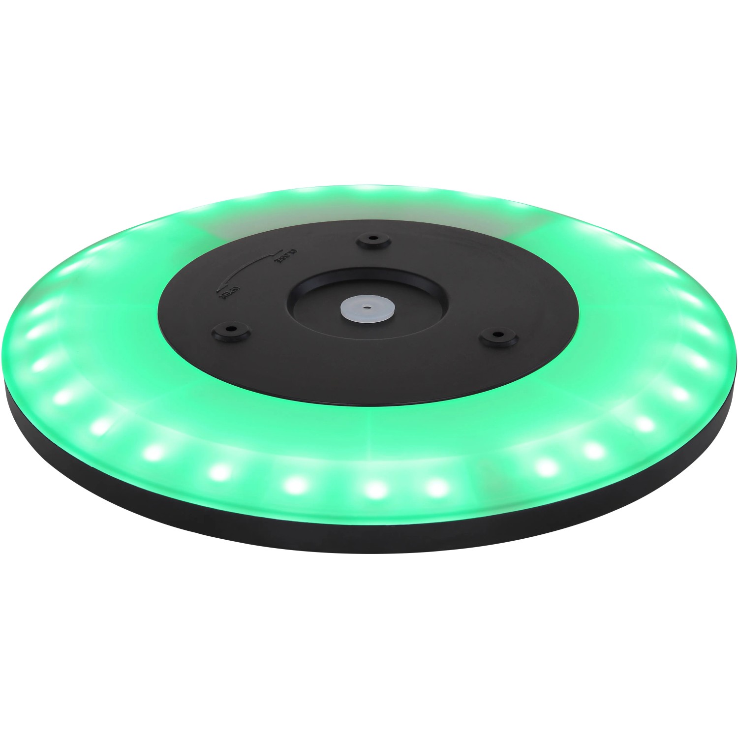 Schwarze LED-Deckenleuchte Sapana mit RGB-Backlight und grüner Beleuchtung.
