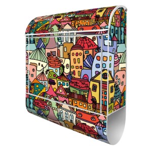 Silberner Banjado Design Briefkasten mit Funky Town Motiv und Zeitungsfach.