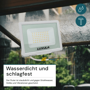 LUXULA LED-Außenstrahler, 50W, warmweiß, IP65, wetterfest, robust, weißes Slim Design.