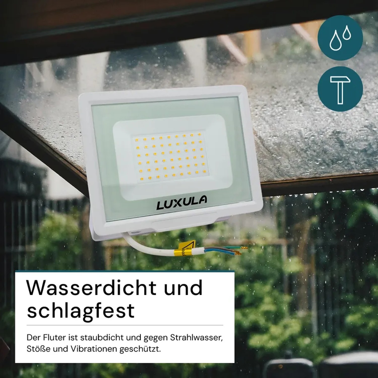 LUXULA LED-Außenstrahler, 50W, warmweiß, IP65, wetterfest, robust, weißes Slim Design.