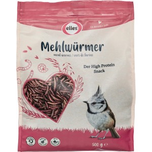 Elles Mehlwürmer Ergänzungsfutter für Wildvögel, 500g Packung.