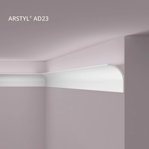 Weiße NOEL & MARQUET Eckleiste AD23 für indirekte Beleuchtung, montiert an Wand und Decke.