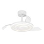Weißer Eglo LED-Deckenventilator Riomaggiore mit leuchtendem LED-Licht und eingezogenen Flügeln.